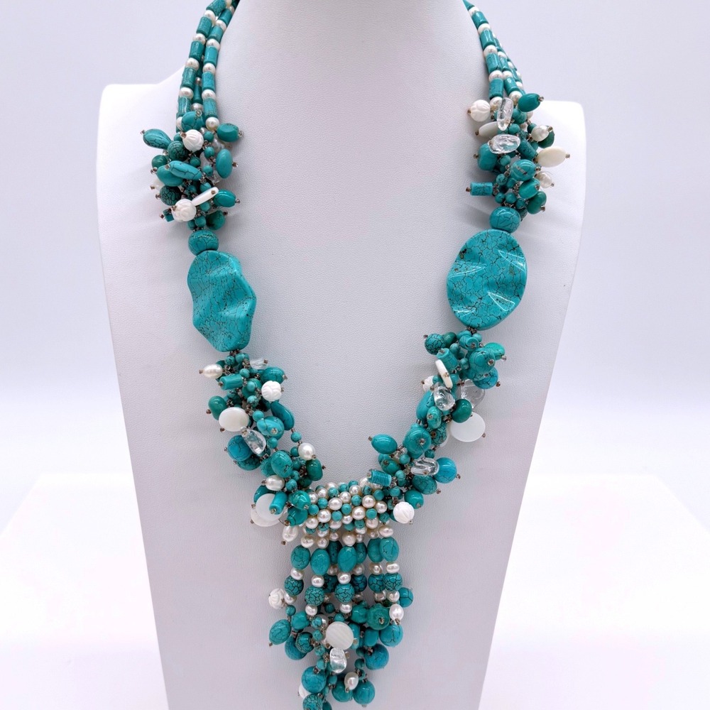 Turquoise Stone & Cultured Pearl Statement Necklace Fringe Bib Chunky